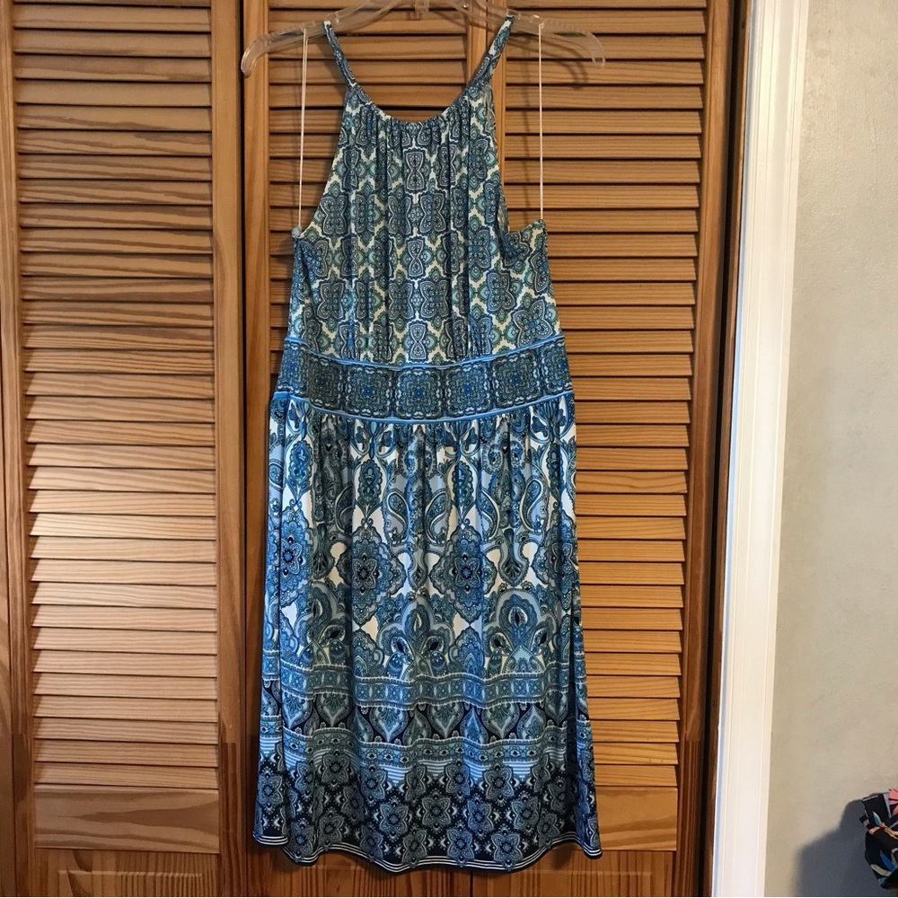 London Times Blue and White Patterned Maxi Dress Size 12